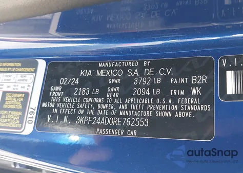 2024 Kia Forte Lxs z USA, uszkodzony, nr VIN 3KPF24AD0RE762553